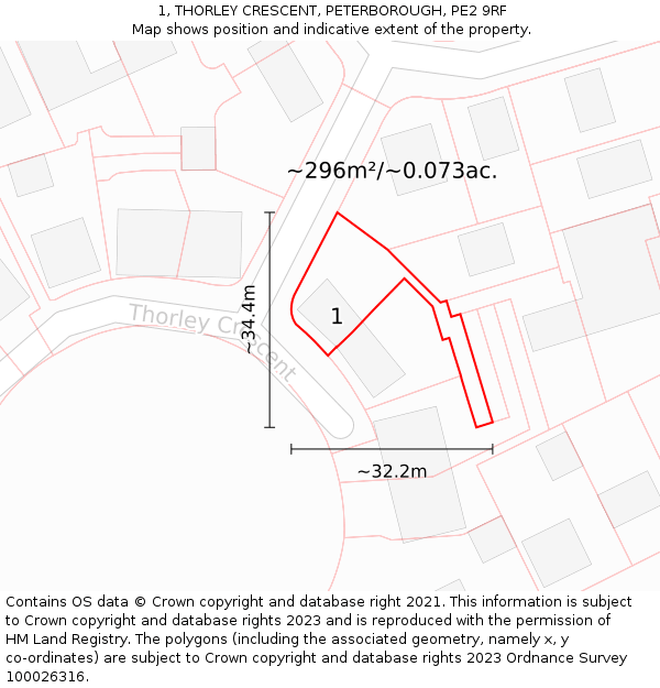 1, THORLEY CRESCENT, PETERBOROUGH, PE2 9RF: Plot and title map