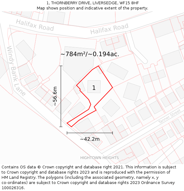 1, THORNBERRY DRIVE, LIVERSEDGE, WF15 8HF: Plot and title map
