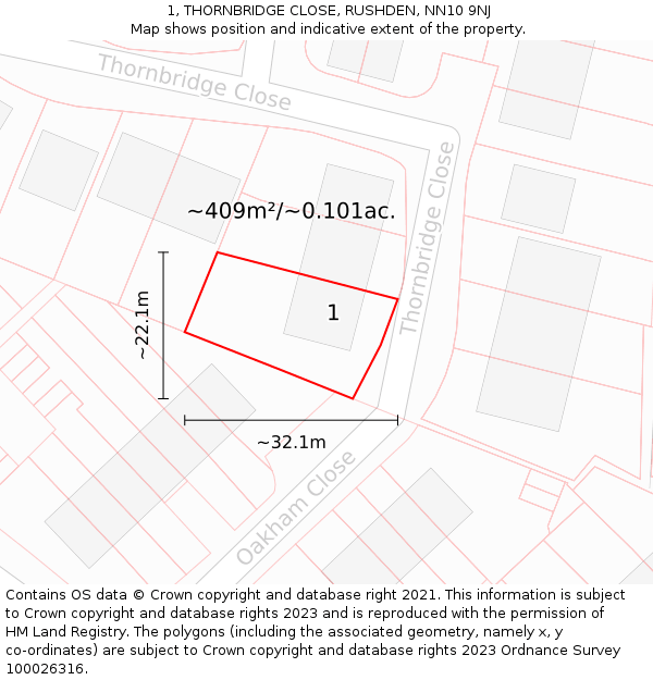 1, THORNBRIDGE CLOSE, RUSHDEN, NN10 9NJ: Plot and title map