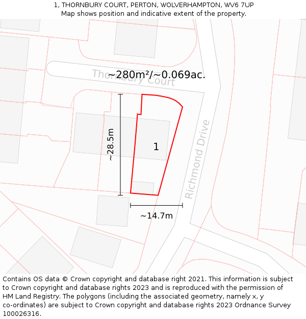 1, THORNBURY COURT, PERTON, WOLVERHAMPTON, WV6 7UP: Plot and title map