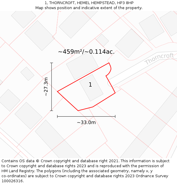 1, THORNCROFT, HEMEL HEMPSTEAD, HP3 8HP: Plot and title map