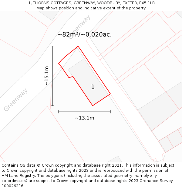 1, THORNS COTTAGES, GREENWAY, WOODBURY, EXETER, EX5 1LR: Plot and title map
