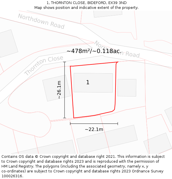 1, THORNTON CLOSE, BIDEFORD, EX39 3ND: Plot and title map