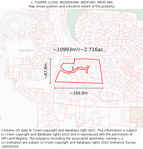 1, THORPE CLOSE, BIDDENHAM, BEDFORD, MK40 4RA: Plot and title map