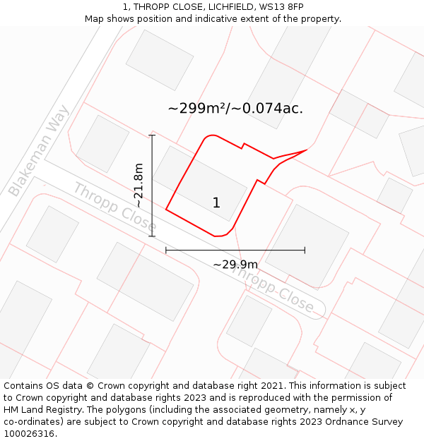 1, THROPP CLOSE, LICHFIELD, WS13 8FP: Plot and title map
