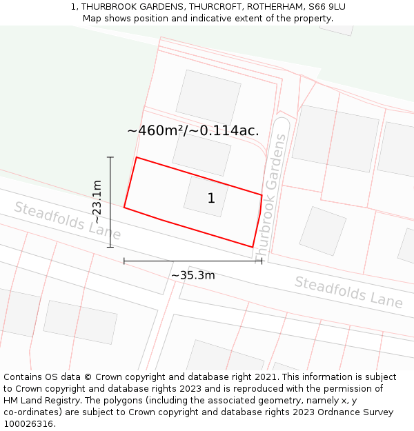 1, THURBROOK GARDENS, THURCROFT, ROTHERHAM, S66 9LU: Plot and title map