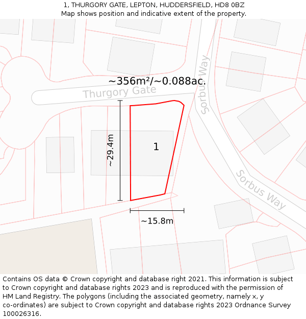 1, THURGORY GATE, LEPTON, HUDDERSFIELD, HD8 0BZ: Plot and title map