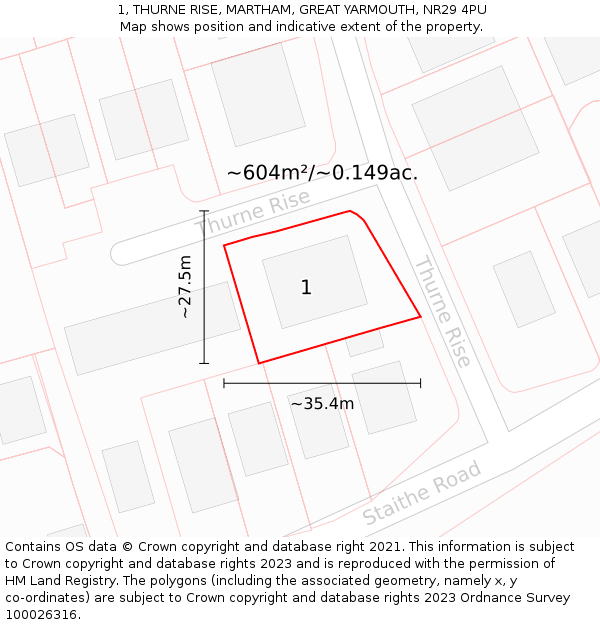 1, THURNE RISE, MARTHAM, GREAT YARMOUTH, NR29 4PU: Plot and title map