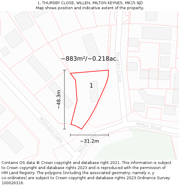 1, THURSBY CLOSE, WILLEN, MILTON KEYNES, MK15 9JD: Plot and title map