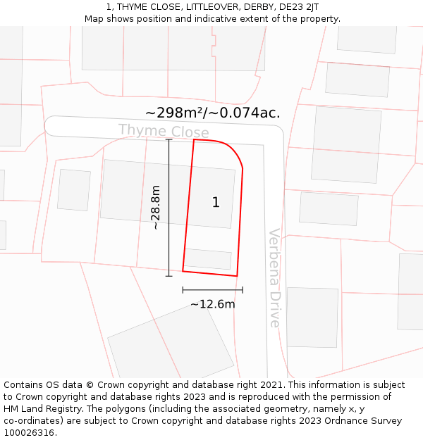 1, THYME CLOSE, LITTLEOVER, DERBY, DE23 2JT: Plot and title map
