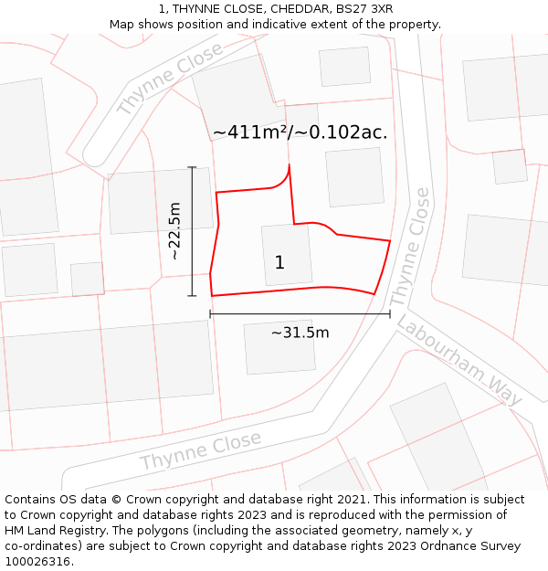 1, THYNNE CLOSE, CHEDDAR, BS27 3XR: Plot and title map