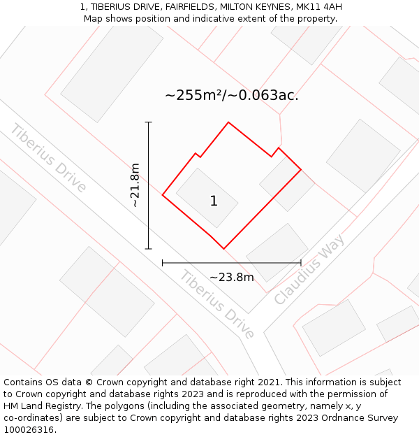 1, TIBERIUS DRIVE, FAIRFIELDS, MILTON KEYNES, MK11 4AH: Plot and title map