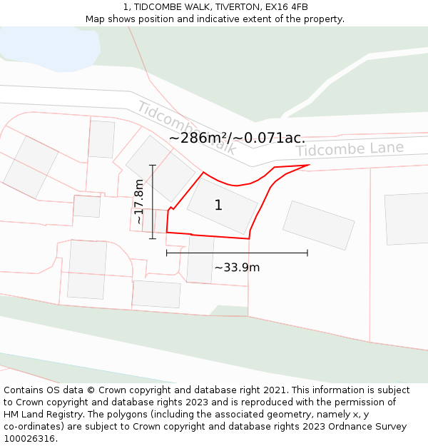 1, TIDCOMBE WALK, TIVERTON, EX16 4FB: Plot and title map