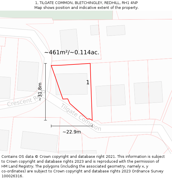 1, TILGATE COMMON, BLETCHINGLEY, REDHILL, RH1 4NP: Plot and title map