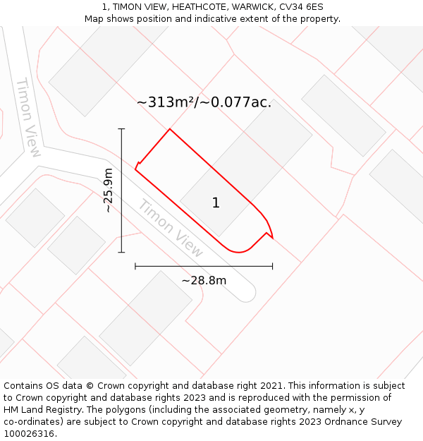 1, TIMON VIEW, HEATHCOTE, WARWICK, CV34 6ES: Plot and title map