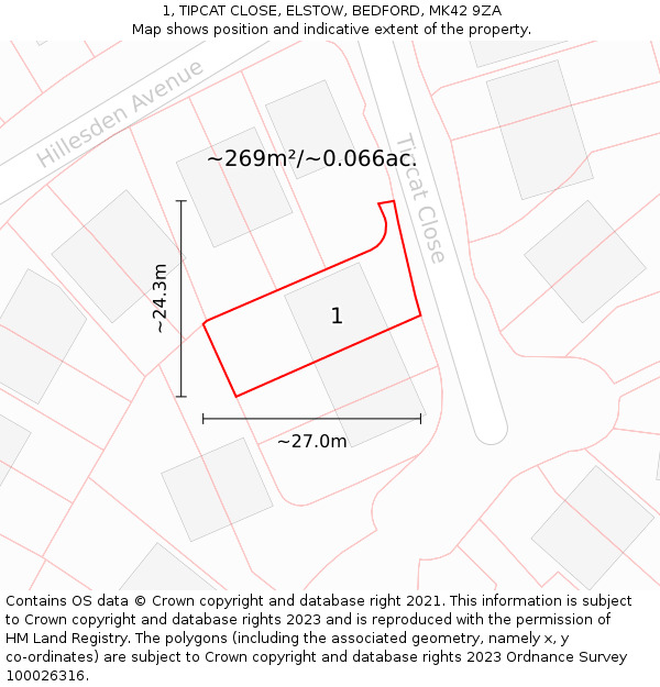 1, TIPCAT CLOSE, ELSTOW, BEDFORD, MK42 9ZA: Plot and title map
