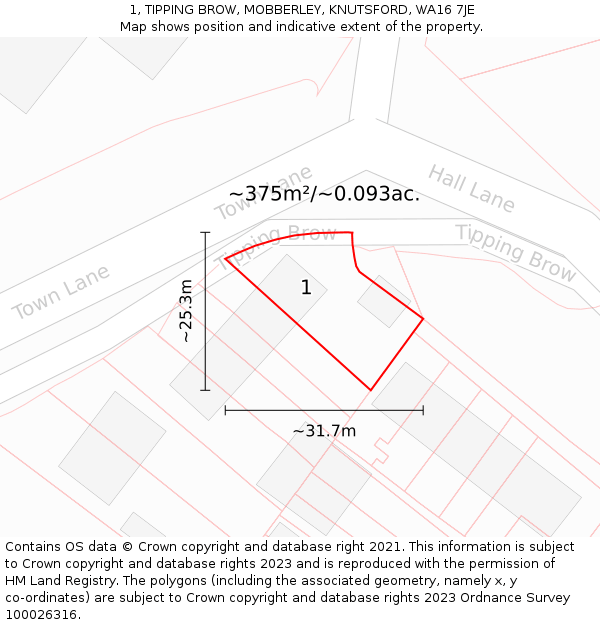 1, TIPPING BROW, MOBBERLEY, KNUTSFORD, WA16 7JE: Plot and title map