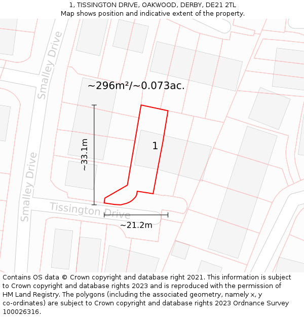 1, TISSINGTON DRIVE, OAKWOOD, DERBY, DE21 2TL: Plot and title map