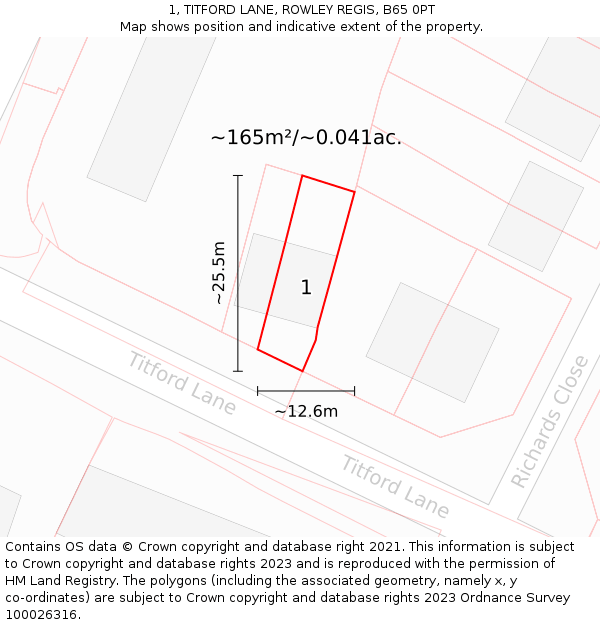 1, TITFORD LANE, ROWLEY REGIS, B65 0PT: Plot and title map