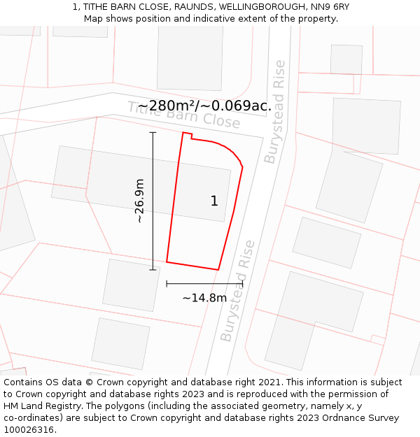 1, TITHE BARN CLOSE, RAUNDS, WELLINGBOROUGH, NN9 6RY: Plot and title map