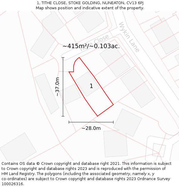 1, TITHE CLOSE, STOKE GOLDING, NUNEATON, CV13 6PJ: Plot and title map