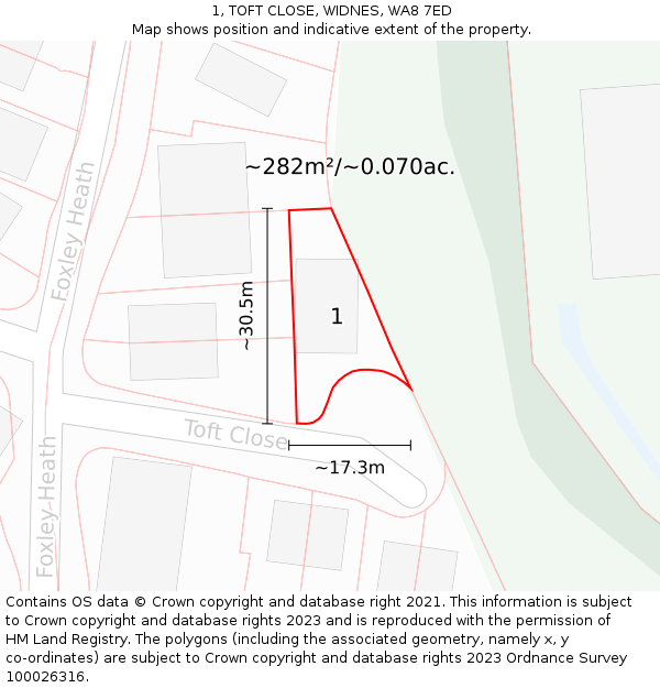 1, TOFT CLOSE, WIDNES, WA8 7ED: Plot and title map