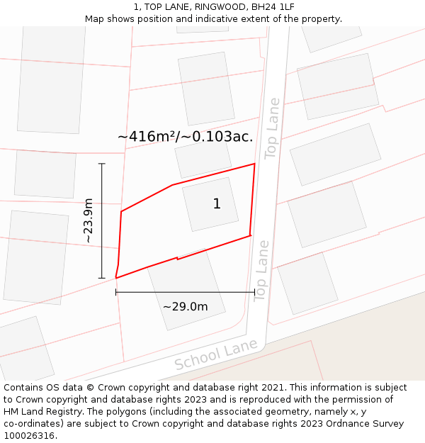 1, TOP LANE, RINGWOOD, BH24 1LF: Plot and title map