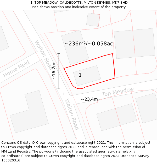 1, TOP MEADOW, CALDECOTTE, MILTON KEYNES, MK7 8HD: Plot and title map