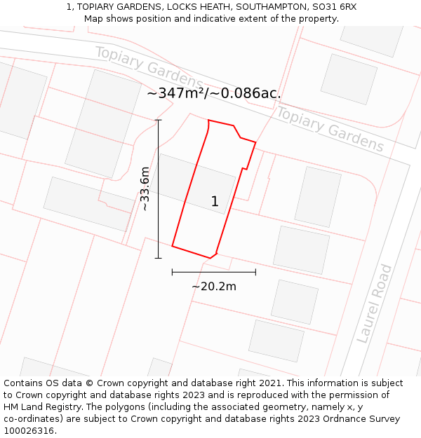 1, TOPIARY GARDENS, LOCKS HEATH, SOUTHAMPTON, SO31 6RX: Plot and title map