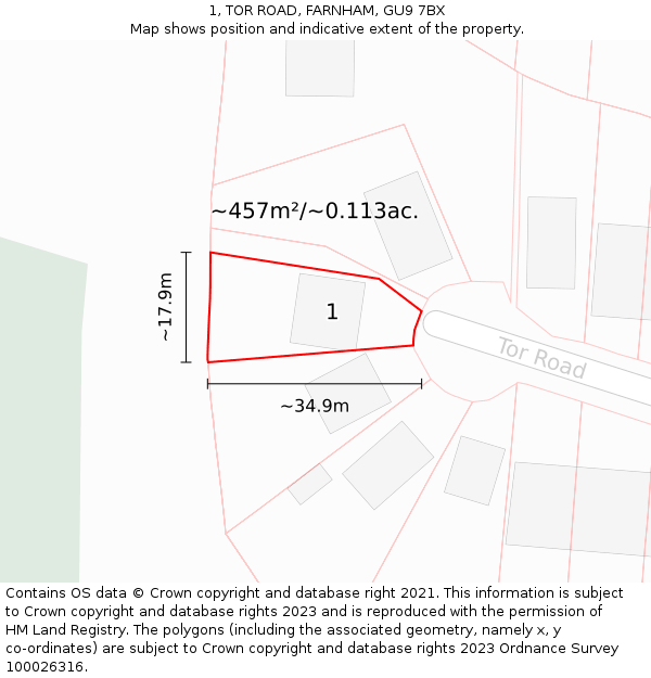 1, TOR ROAD, FARNHAM, GU9 7BX: Plot and title map
