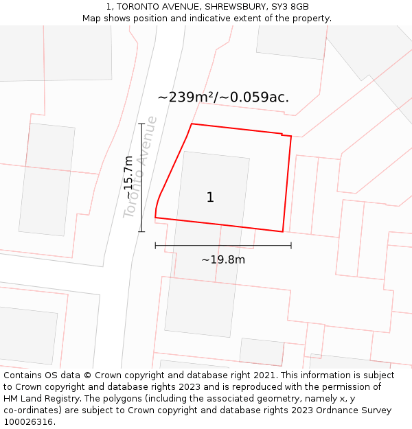 1, TORONTO AVENUE, SHREWSBURY, SY3 8GB: Plot and title map