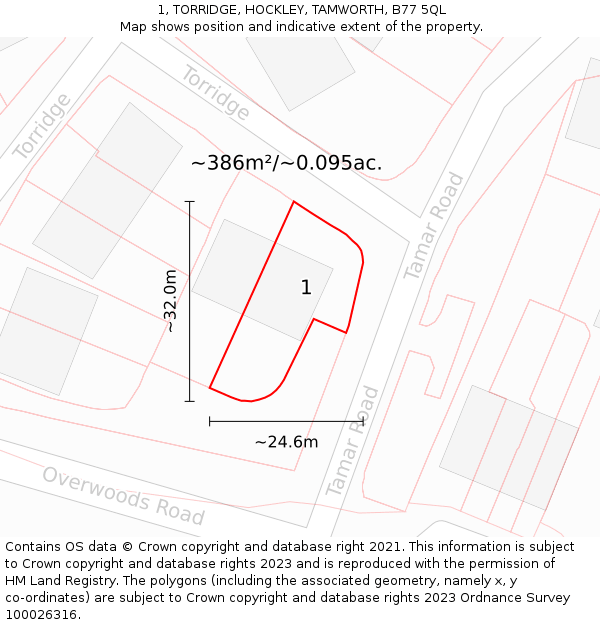 1, TORRIDGE, HOCKLEY, TAMWORTH, B77 5QL: Plot and title map