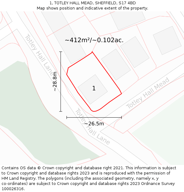 1, TOTLEY HALL MEAD, SHEFFIELD, S17 4BD: Plot and title map
