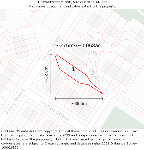 1, TOWCESTER CLOSE, MANCHESTER, M4 7FB: Plot and title map