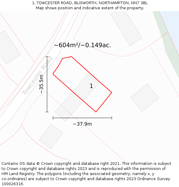 1, TOWCESTER ROAD, BLISWORTH, NORTHAMPTON, NN7 3BL: Plot and title map