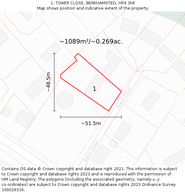 1, TOWER CLOSE, BERKHAMSTED, HP4 3NF: Plot and title map