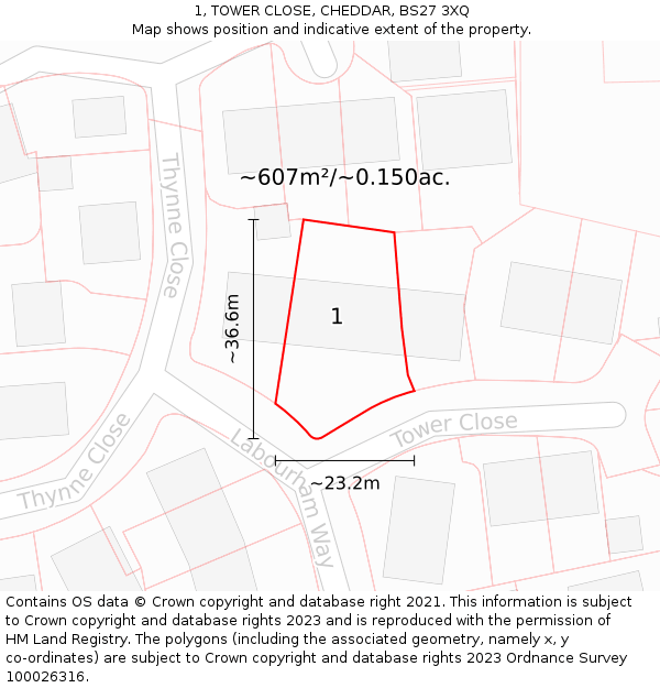 1, TOWER CLOSE, CHEDDAR, BS27 3XQ: Plot and title map