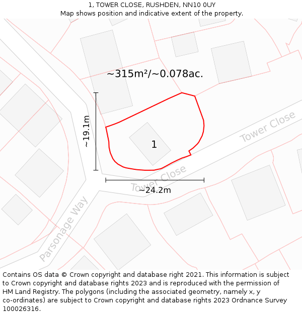1, TOWER CLOSE, RUSHDEN, NN10 0UY: Plot and title map