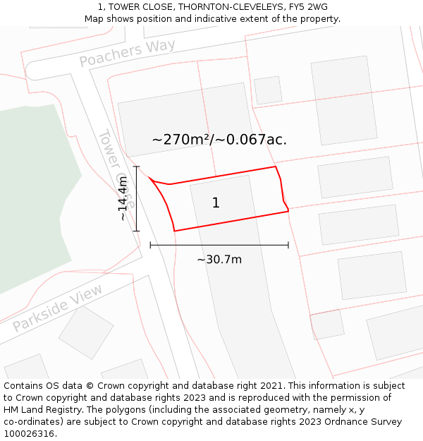 1, TOWER CLOSE, THORNTON-CLEVELEYS, FY5 2WG: Plot and title map