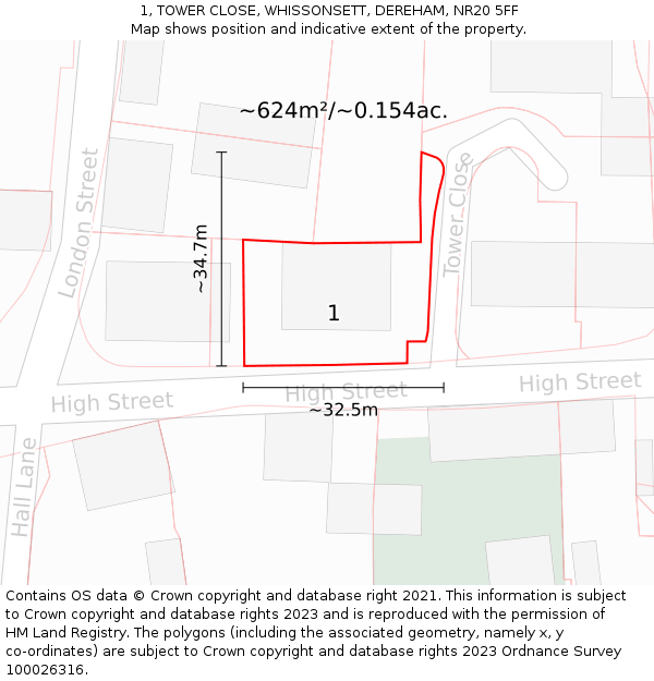 1, TOWER CLOSE, WHISSONSETT, DEREHAM, NR20 5FF: Plot and title map