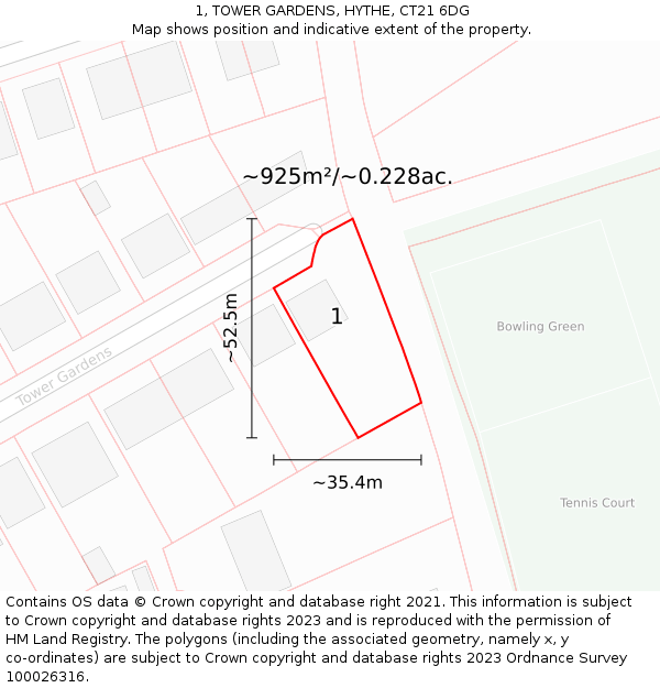 1, TOWER GARDENS, HYTHE, CT21 6DG: Plot and title map
