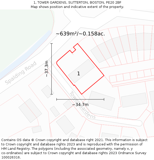 1, TOWER GARDENS, SUTTERTON, BOSTON, PE20 2BF: Plot and title map