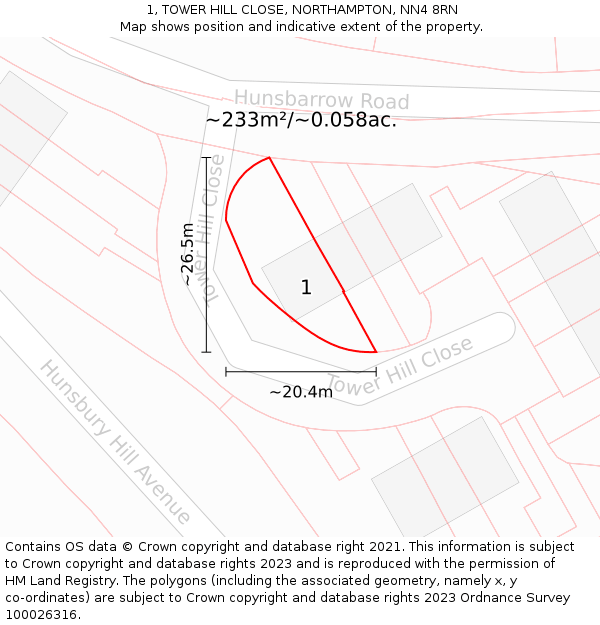 1, TOWER HILL CLOSE, NORTHAMPTON, NN4 8RN: Plot and title map