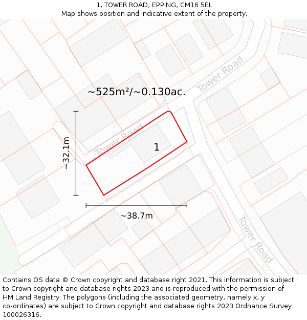 1, TOWER ROAD, EPPING, CM16 5EL: Plot and title map
