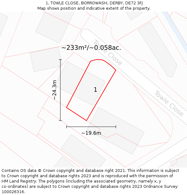 1, TOWLE CLOSE, BORROWASH, DERBY, DE72 3FJ: Plot and title map