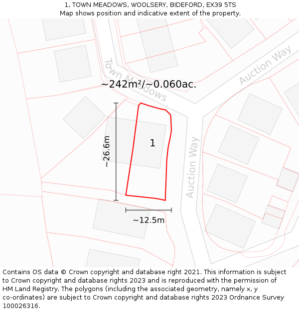 1, TOWN MEADOWS, WOOLSERY, BIDEFORD, EX39 5TS: Plot and title map