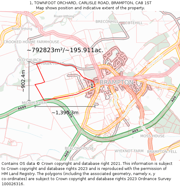 1, TOWNFOOT ORCHARD, CARLISLE ROAD, BRAMPTON, CA8 1ST: Plot and title map