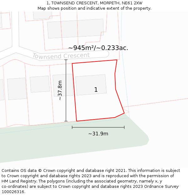 1, TOWNSEND CRESCENT, MORPETH, NE61 2XW: Plot and title map