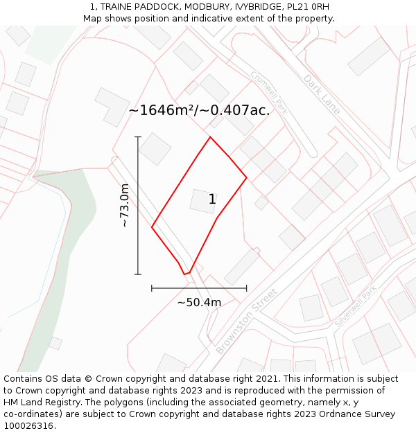 1, TRAINE PADDOCK, MODBURY, IVYBRIDGE, PL21 0RH: Plot and title map