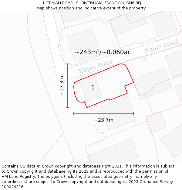 1, TRAJAN ROAD, SHRIVENHAM, SWINDON, SN6 8FJ: Plot and title map